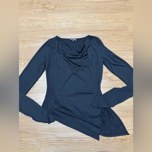 Draped Neck Long Sleeve Top - Black